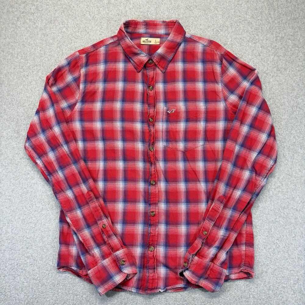 Hollister Plaid Button Up Shirt Men’s L Red Blue White Long Sleeve